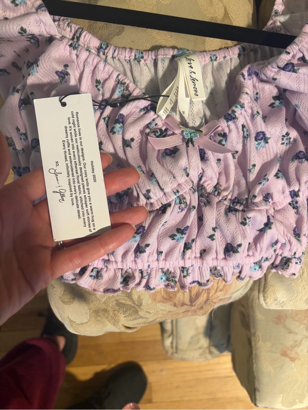 For Love & Lemons Lilac Floral Smocked Crop Top and Shorts Lounge Set - Picture 7 of 10